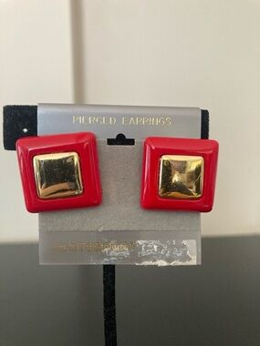 Red Square Earrings with Gold Center Detail